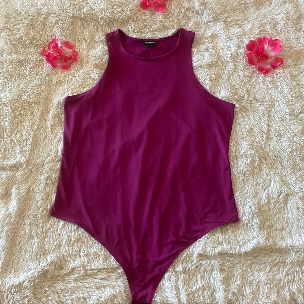 Express Magenta Silky High Neck Thong Sleeveless Women's Bodycon Bodysuit - Picture 6 of 8